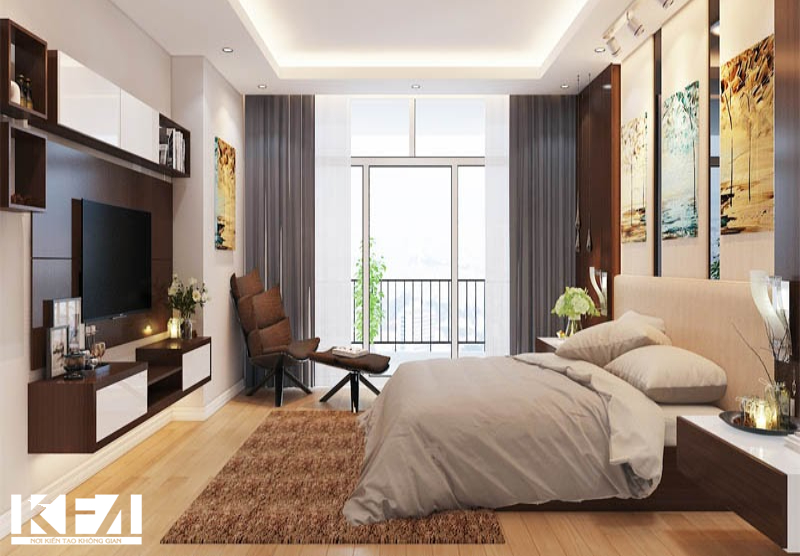 Phòng ngủ với gam màu trung tính kết hợp với điểm nhấn là những bức tranh treo tường